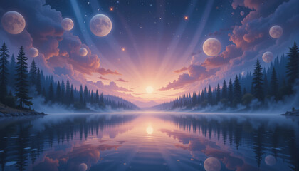 Obraz premium Fantasy landscape with soft clouds and multiple moons over a tranquil lake at sunset