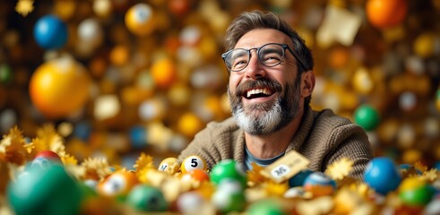 Joyful moments unfold during a vibrant bingo night filled with excitement and anticipation, showcasing a man immersed in a world of colorful game tokens and cheerful energy man win in the lottery