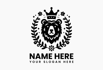 Minimalist bear face with crown and floral wreath in clean line-art vector logo design, representing strength, peace, and modern nature-inspired identity  