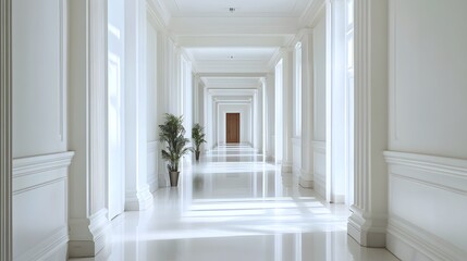 80. A white hallway with bright lighting and minimal decor for an open atmosphere
