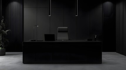 79. A black office with sleek dark furniture and a monochrome color palette