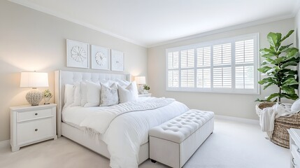 78. A white bedroom featuring a clean look, white furniture, and light decor for a bright appearance