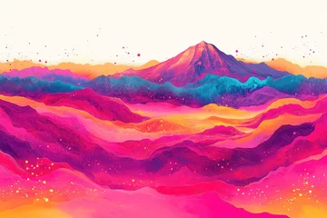 Fototapete Rund Vibrant, colorful mountain range, layered in hues of pink, orange, and purple.  A majestic peak dominates the scene, with soft, textured layers.  Sprinkles of light enhance the landscape © shafiyyah