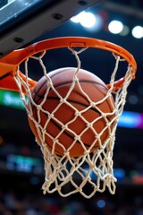 the close up of the basketball resting snugly in the net, the nylon mesh stretching slightly from the impact of the winning shot