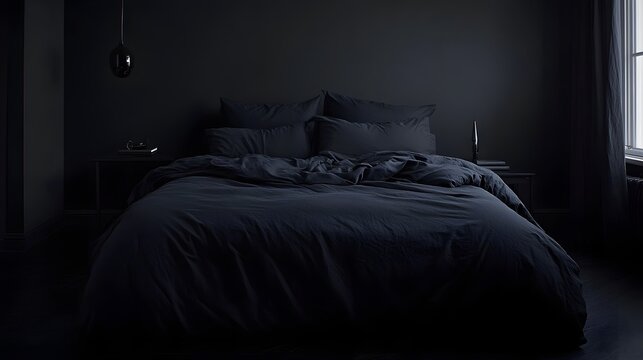73. A black bedroom featuring dark bedding, a matte black bed frame, and subtle lighting for a calming atmosphere
