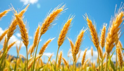 the illustration showcases a close up view of vibrant golden wheat ears swaying gently in a meadow under a clear blue sky, bathed in the warm glow of sunshine