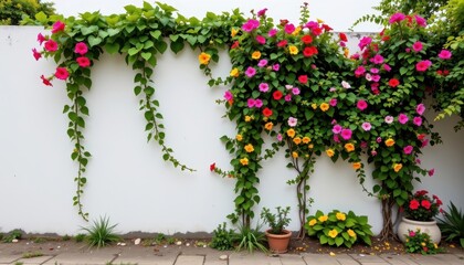 Fototapeta premium the white wall is adorned with a vibrant array of flowers on one side, accentuated by lush green leaves cascading down the side of the wall