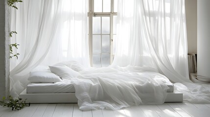 62. A white bedroom with a low platform bed, white bedding, and sheer white curtains letting in natural light
