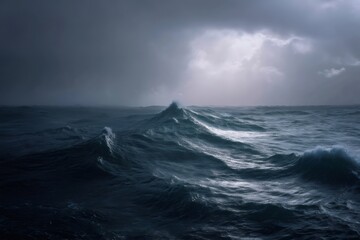 Obraz premium Dramatic ocean waves are crashing under dark and stormy clouds, creating a powerful and captivating scene of nature's raw energy