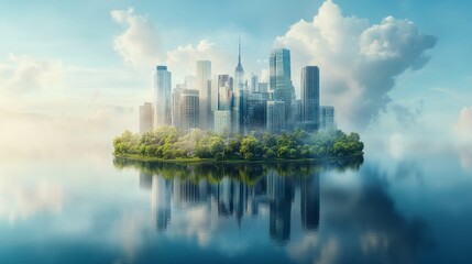 Obraz premium Floating cityscape, green island, mirrored reflection.
