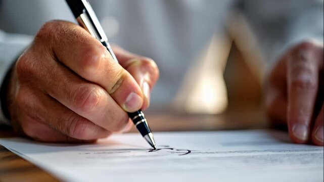 Close-up of a man's hand signing a formal document with a black and silver pen, symbolizing contract agreement, legal validation or business deal &ndash; Generative AI