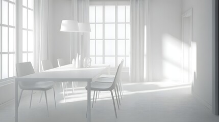 52. A white dining room with minimalist furniture and bright lighting for a modern look