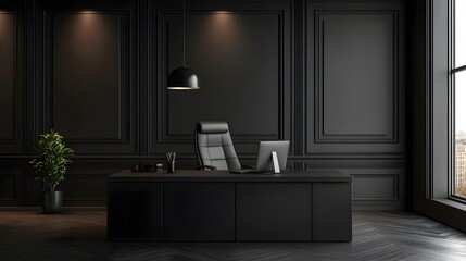 45. A black office space with black walls, a black desk, and a minimalistic black chair