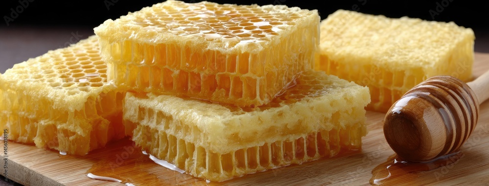 Poster delicious honeycomb pile with honey drizzling and visible shadows on a clean background in high reso