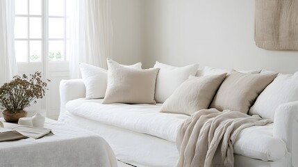 44. A white living space with white walls, a white sofa, and a light gray throw blanket on the couch