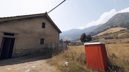 Rural Homestead Tranquility Rustic Farmhouse in Mountain Valley With Red Building a Serene and Authentic Depiction of Country Living