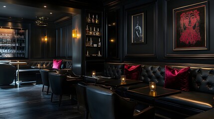 39. A black lounge area with black furniture, dark walls, and metallic accents, giving a modern and chic look