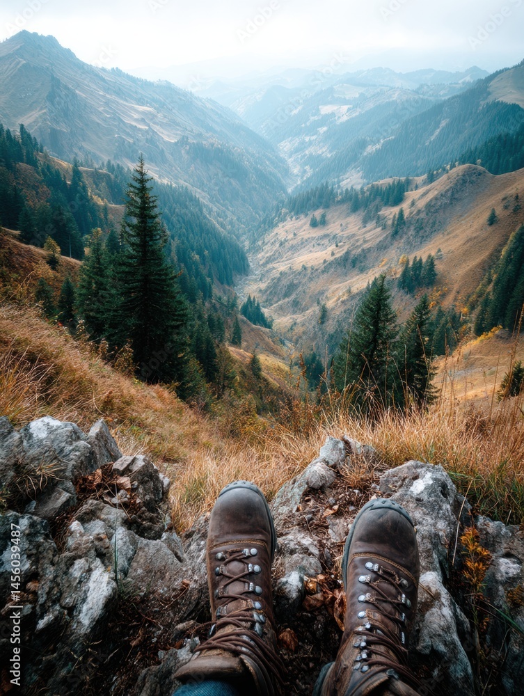Poster hiking boots perched on a rugged mountain ridge overlooking a vast valley surrounded by rolling hill
