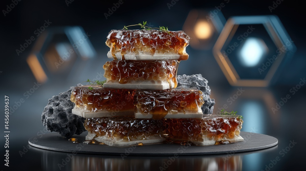 Poster delicious honeycomb pile with honey drizzling and visible shadows on a clean background in high reso
