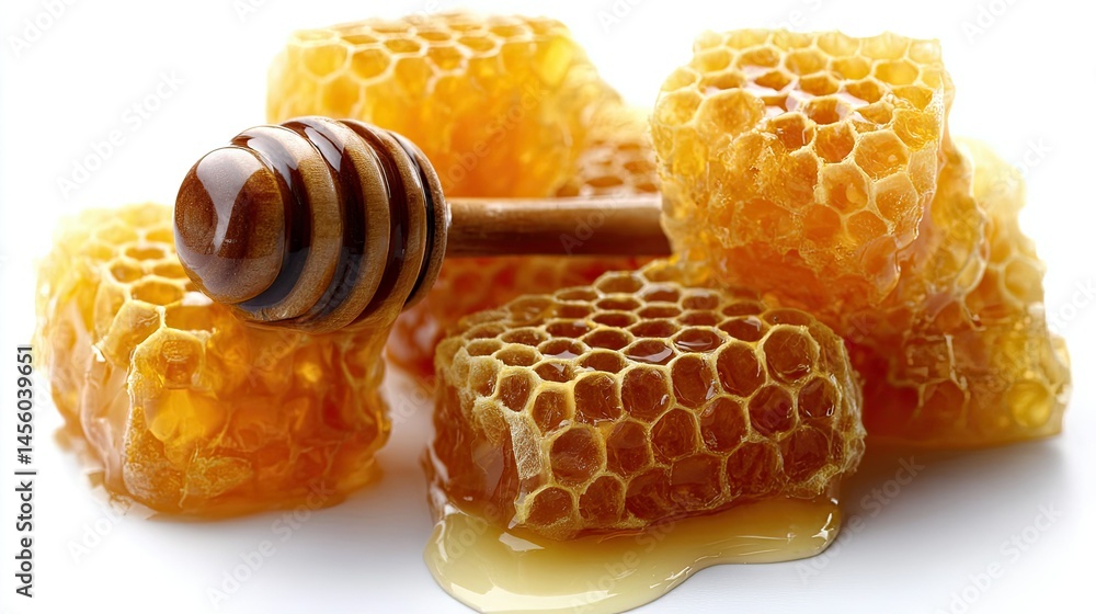 Poster delicious honeycomb pile with honey drizzling and visible shadows on a clean background in high reso