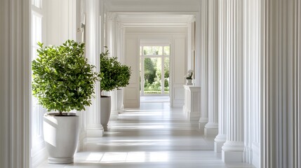 30. A white hallway with white walls, light gray flooring, and white trim for a clean and open look