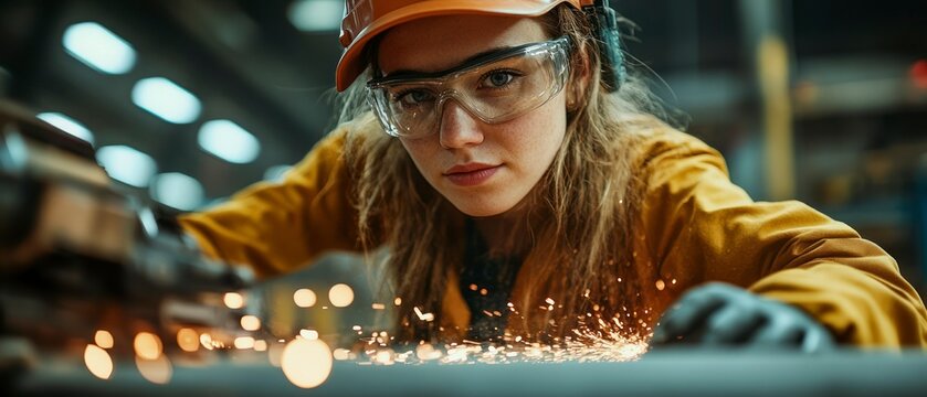 Female welder performs metal fabrication, creating sparks with welding tool, seemingly confident in skill. - Powered by Adobe