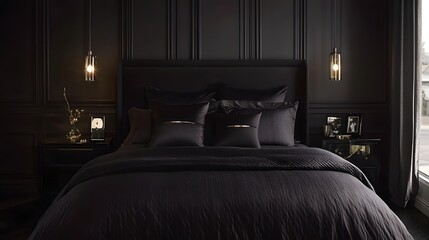 27. A black bedroom with dark bedding, black furniture, and a subtle touch of metallic decor for contrast