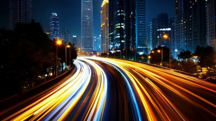 Fototapeta premium A city street at night with a long, curving road