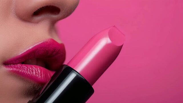 Pink Lipstick Closeup: A woman's luscious lips are shown applying a vibrant pink lipstick, the color complementing her complexion and creating a sense of beauty and glamour.