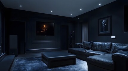 23. A black living room with black leather furniture, dark walls, and a low coffee table with a matte black finish