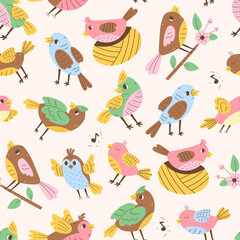 Colorful Birds Seamless Pattern. Whimsical cartoon Songbird Sparrow Finch with Nest Branch Flying Singing. Childish Wildlife Nature Background. Vector illustration