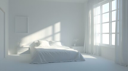 20. A bright white room with white walls, a minimalist white bed, and a white nightstand beside the bed