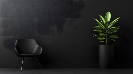 9. A black room with minimalistic black furniture, dark walls, and a small plant as the only touch of color