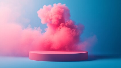 A round podium is surrounded by swirling red steam creating a captivating atmosphere