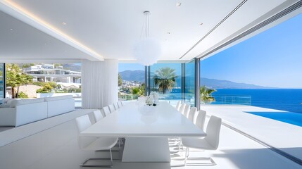 6. A white dining room with a sleek white table, white chairs, and a white chandelier hanging from the ceiling