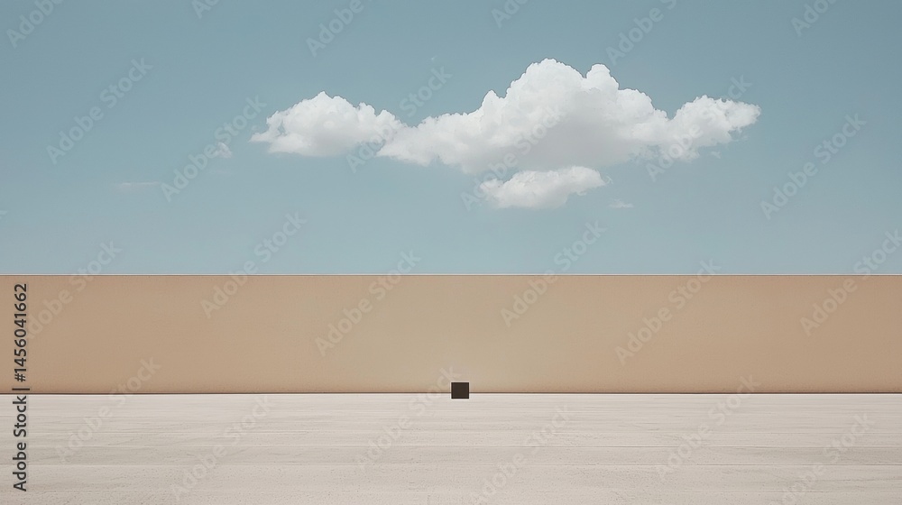 Poster a minimalist cityscape with a large white cloud and a small black object in the foreground.