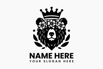 bear with abstract peony crown, modern vector logo for eco-luxury skincare and national parks  