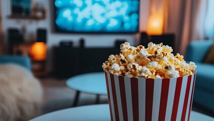 Delicious popcorn in a colorful container on a cozy living room table