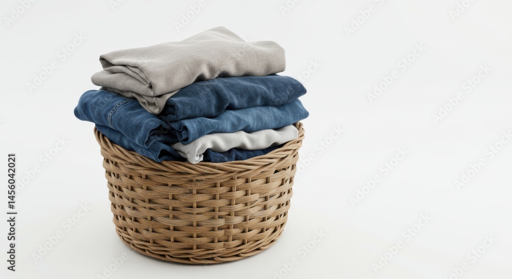 Poster a wicker basket filled with a stack of folded clothes on a white background in a studio setting