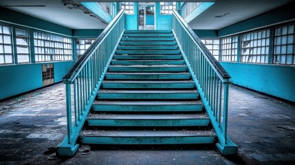 Cyan toned staircase ascendancy dramatic perspective architectonic structure urban exploration decaying architecture visual journey