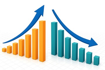 colorful growth chart with orange and teal bars and upward and downward arrows on white background