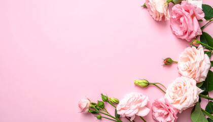 Beautiful pink roses arranged elegantly on soft pink background create serene and romantic atmosphere, perfect for various design projects or personal use