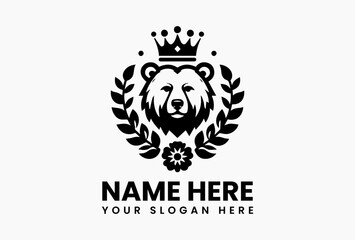 bear with abstract peony crown, modern vector logo for eco-luxury skincare and national parks  