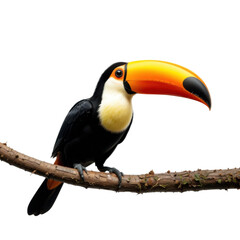 Vibrant Toucan Perched on Branch with Striking Yellow Beak and Glossy Black Feathers in Lush Tropical Setting