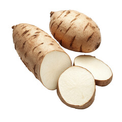 Yacon tubers cut open, showcasing their crisp white flesh and unique texture