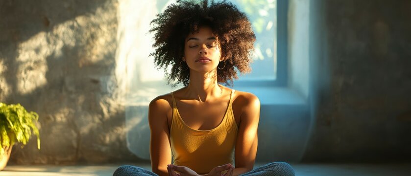 Black woman meditates in lotus position, finding inner peace and serenity in gentle light.