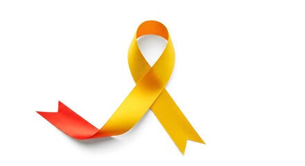 AI image displaying a looped awareness ribbon, colored half red and half yellow, presented at an angle on white background.