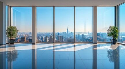 Panoramic city view from an empty modern office space.