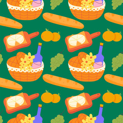Summer picnic seamless pattern on green background