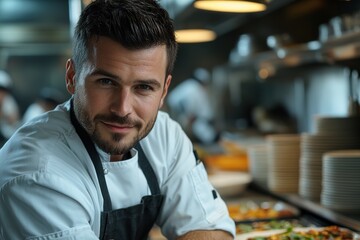 Fototapeta premium Professional chef in restaurant kitchen with vibrant food presentation
